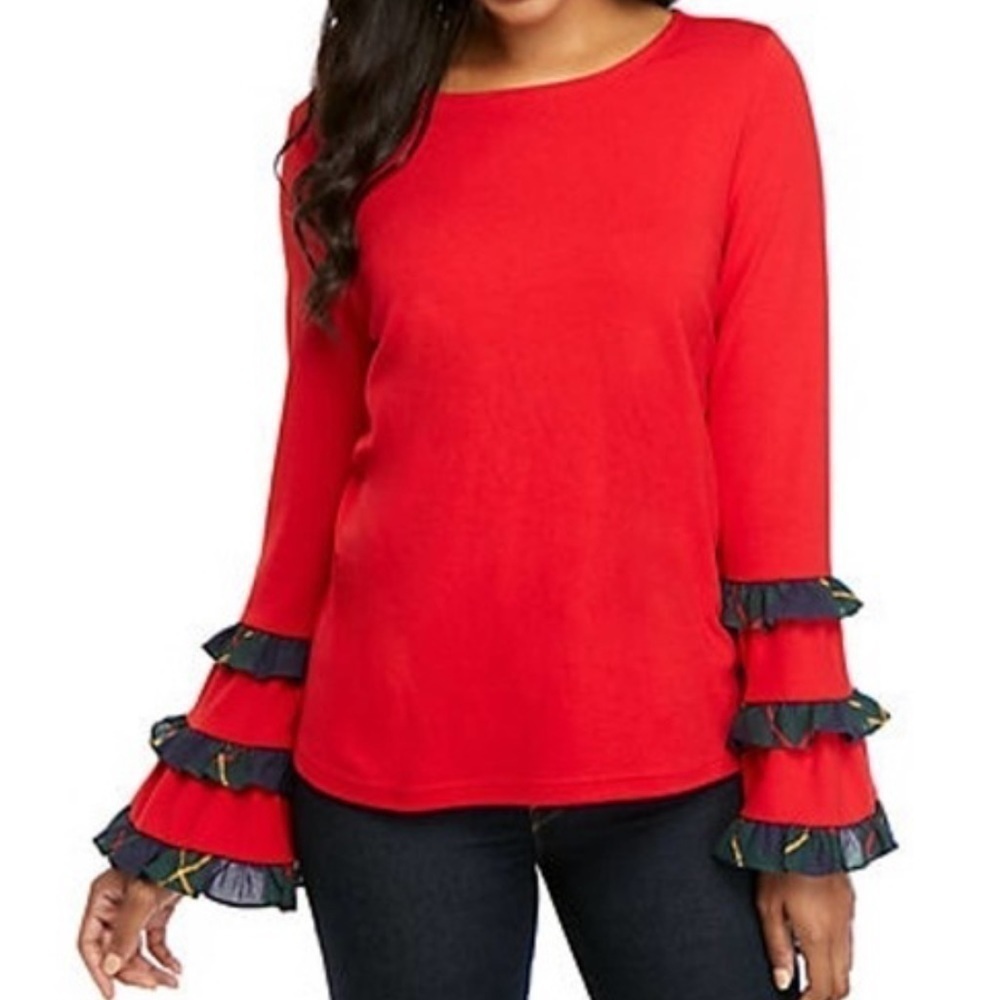 Crown & Ivy Red Stretch Knit Tunic Ruffled Long‎ Bell Sleeves Size Medium